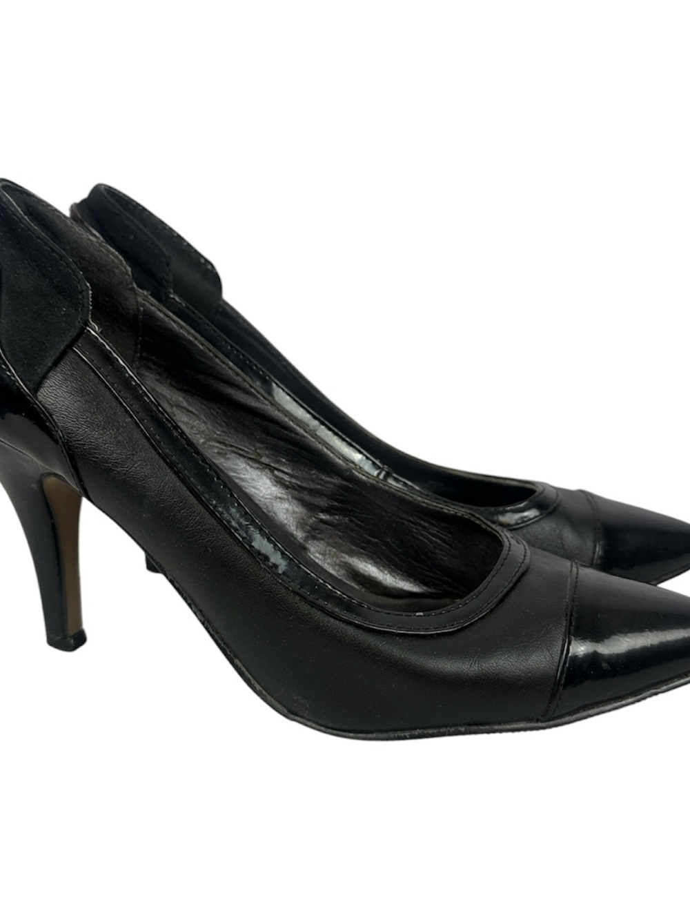 Nygård Collection Finella Black Leather & Patent Cap Toe  Pumps - Size 8.5M